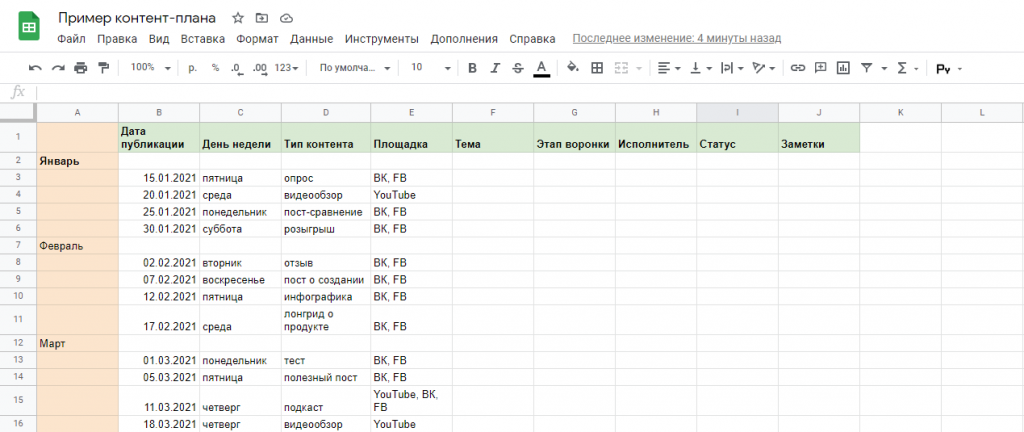 Контент-план: пример.