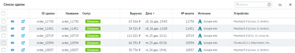 Пример списка сделок.