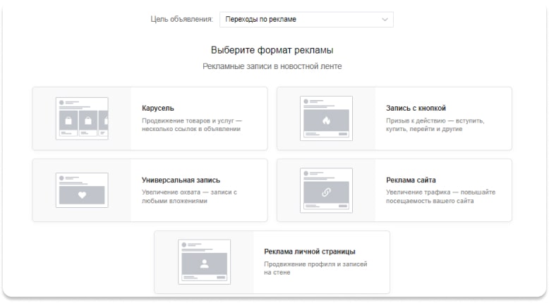 Какие форматы можно выбрать для рекламы во ВКонтакте