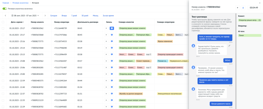 В отчёте можно увидеть расшифровку звонка, а также прослушать выбранные фразы