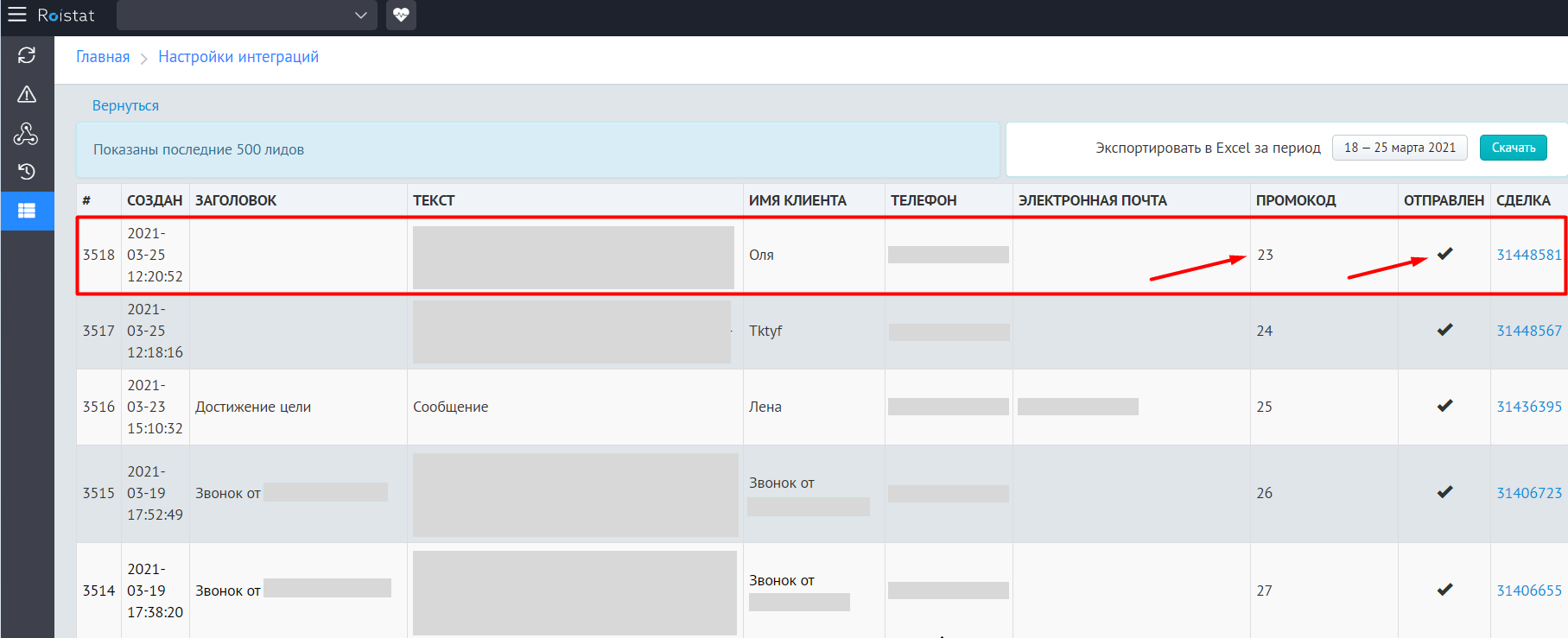 Roistat получает данные о заявках с сайта и сделках в CRM-системе, чтобы использовать их в аналитике