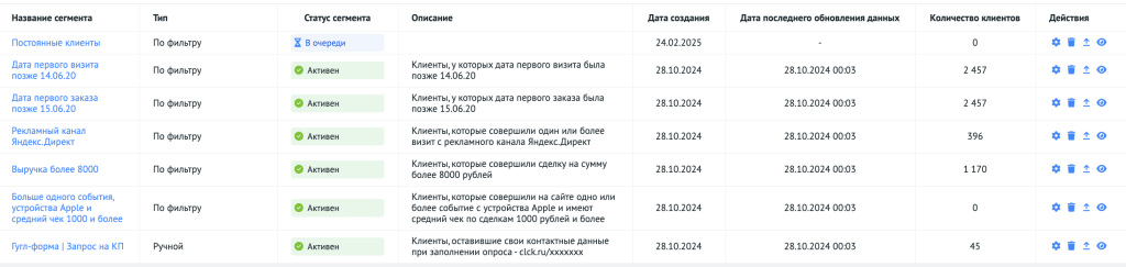 Пример настроенных сегментов