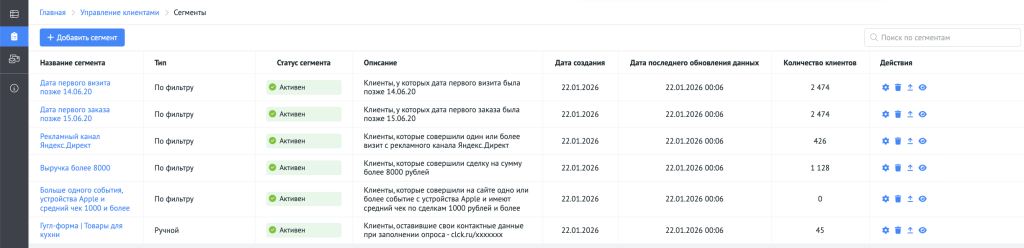 Пример настроенных сегментов