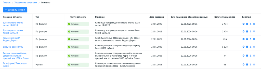 Пример настроенных сегментов