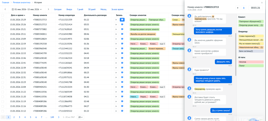Расшифровка звонков в инструменте